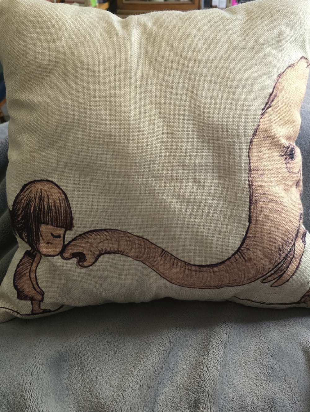 Whimsical Girl & Elephant Trunk Decorative Pillow - Neutral/Tan